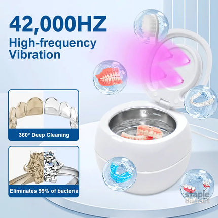 Ultrasonic UV Cleaner Portable 42khz Dual Mode Cleaner 180-220ml with Chamber and Timer for Dentures Aligner Retainer