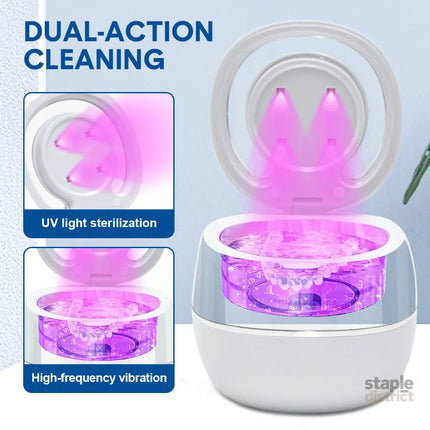 Ultrasonic UV Cleaner Portable 42khz Dual Mode Cleaner 180-220ml with Chamber and Timer for Dentures Aligner Retainer