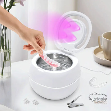 Ultrasonic UV Cleaner Portable 42khz Dual Mode Cleaner 180-220ml with Chamber and Timer for Dentures Aligner Retainer
