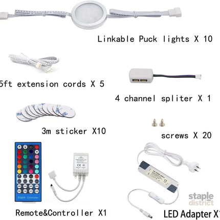 Under Counter LED Light Kit RGBWW Under Cabinet Lighting 10 Packs Colored Cabinet Lights with Wireless 40-Key IR