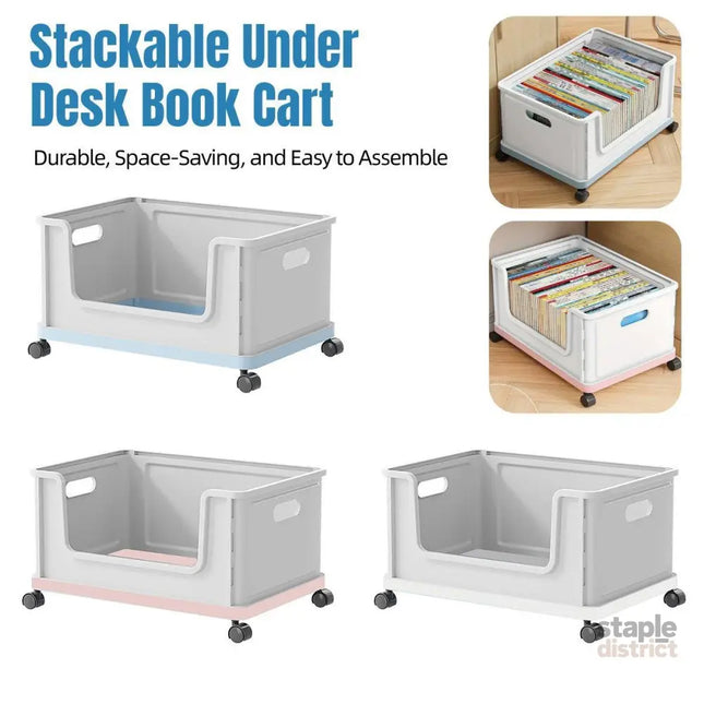 Under Desk Book Storage Box with Wheels Movable Classroom Student Organiser Rack - Blue - Baby & Kids > Kid’s Furniture
