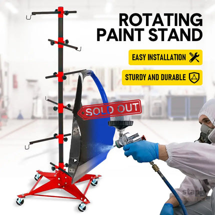 Universal Auto Paint Stand Panel Tree Paint Rotating Stand Center Post Hang Paint Spray with 4 Wheels and 6 Hooks for