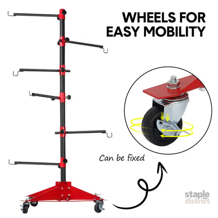 Universal Auto Paint Stand Panel Tree Paint Rotating Stand Center Post Hang Paint Spray with 4 Wheels and 6 Hooks for