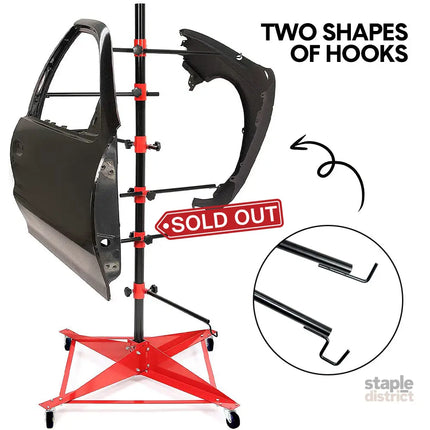 Universal Auto Paint Stand Panel Tree Paint Rotating Stand Center Post Hang Paint Spray with 4 Wheels and 6 Hooks for