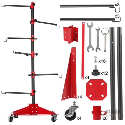 Universal Auto Paint Stand Panel Tree Paint Rotating Stand Center Post Hang Paint Spray with 4 Wheels and 6 Hooks for