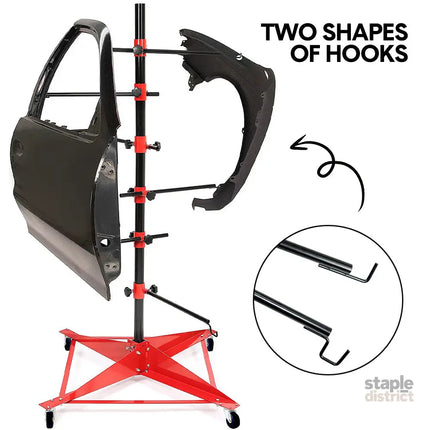 Universal Auto Paint Stand Panel Tree Paint Rotating Stand Center Post Hang Paint Spray with 4 Wheels and 6 Hooks for