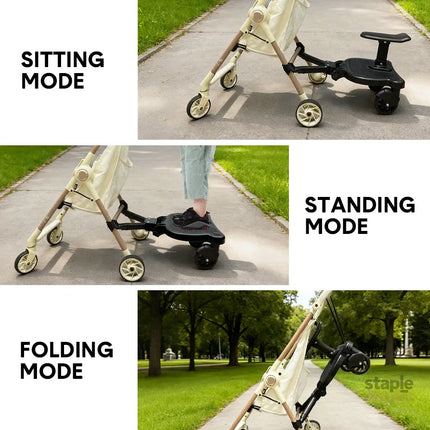Universal Pram Board Seat and Stand Up Adjustable Buggy Board Pushchair with Bear Pattern Removable Seat Fits Most
