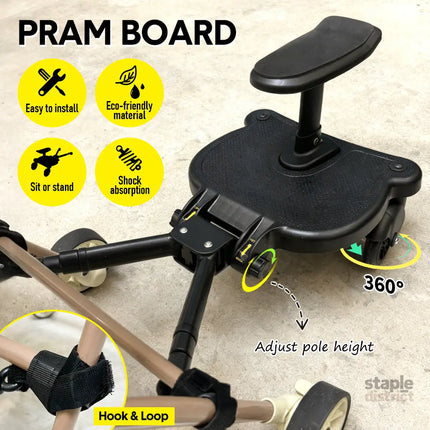 Universal Pram Board Seat and Stand Up Adjustable Buggy Board Pushchair with Bear Pattern Removable Seat Fits Most