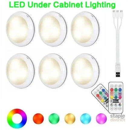 USB Rechangeable RGBW LED Cabinet Light Puck Lights 16Colors Timmer Remote Control 6 Pack - Home & Garden > Lighting >