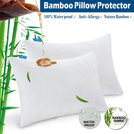 Waterproof Bamboo Pillow Protector Cover 100% Bug Water Proof Zippered Pillow Cases Standard/Queen Size (2