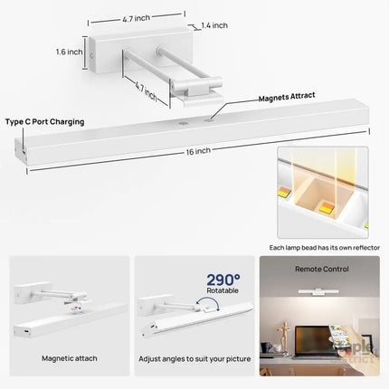 Picture Light Battery Operated 16in Wireless Art Light for Paintings CCT Dimmable Recharging Battery Picture Light with