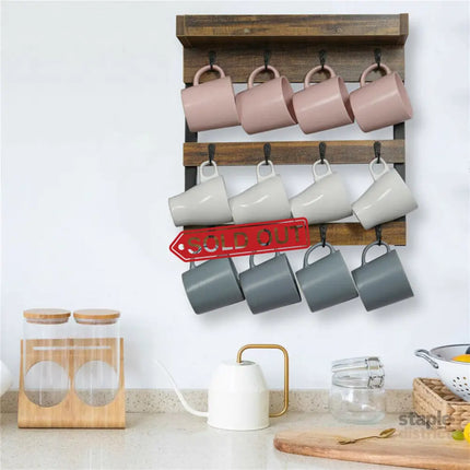 Wooden Wall Mounted Coffee Mug Rack 12 Hooks Cup Holder - Appliances > Kitchen Appliances > Kitchen Appliance