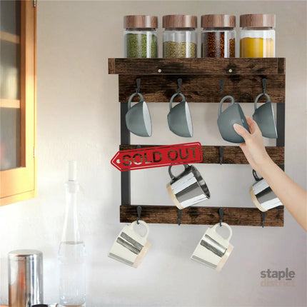 Wooden Wall Mounted Coffee Mug Rack 12 Hooks Cup Holder - Appliances > Kitchen Appliances > Kitchen Appliance