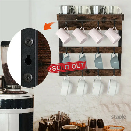 Wooden Wall Mounted Coffee Mug Rack 12 Hooks Cup Holder - Appliances > Kitchen Appliances > Kitchen Appliance