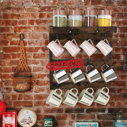 Wooden Wall Mounted Coffee Mug Rack 12 Hooks Cup Holder - Appliances > Kitchen Appliances > Kitchen Appliance
