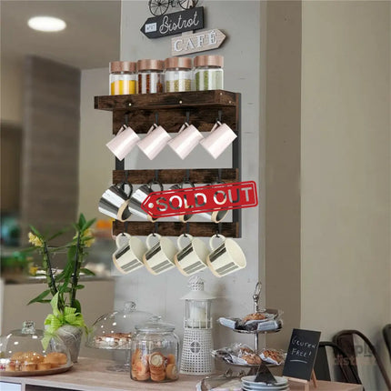 Wooden Wall Mounted Coffee Mug Rack 12 Hooks Cup Holder - Appliances > Kitchen Appliances > Kitchen Appliance